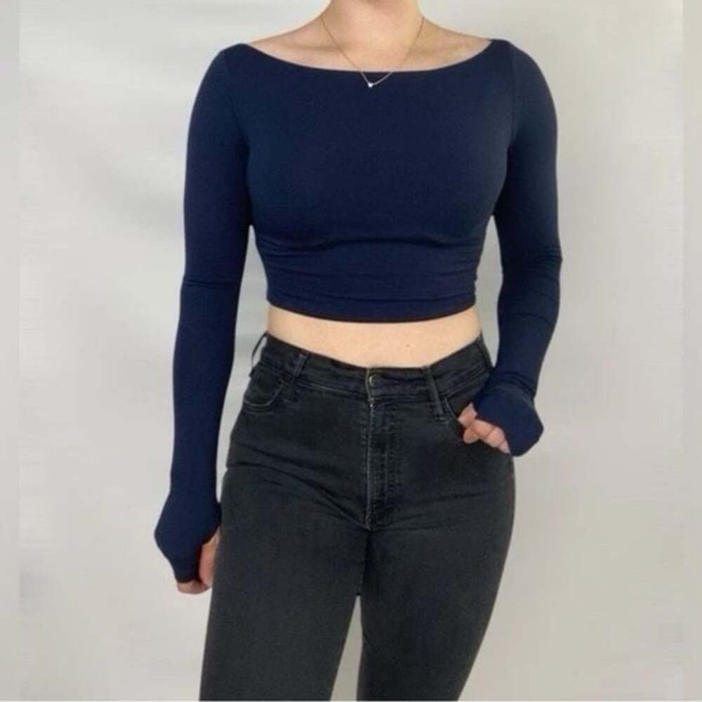 Naked Wardrobe Women’s Ribbed Long Sleeve Crop Top in Navy Size Medium NWT